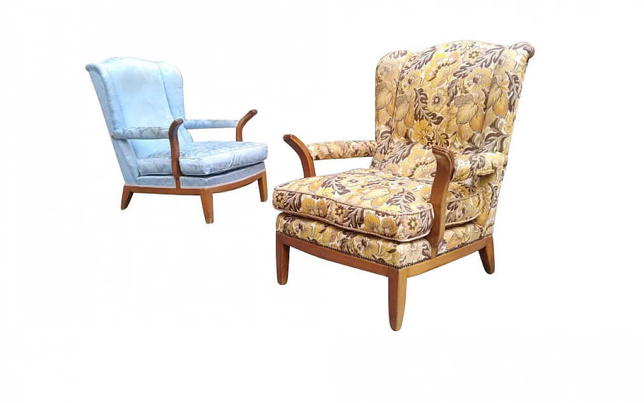 Pair of lounge chairs in mahogany and floral fabric  by Paolo Buffa, 50s 1263503