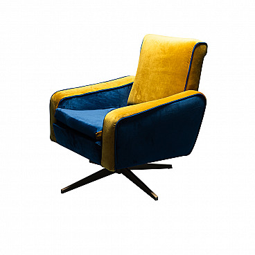 Prospect swivel armchair in yellow and blue velvet, 60s