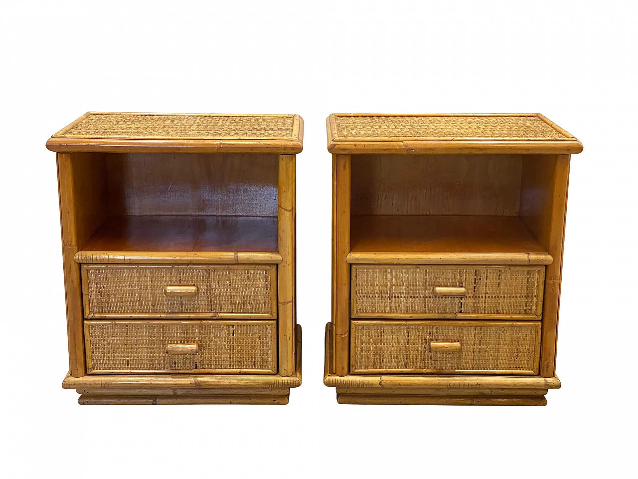 Pair of bedside tables in bamboo and wicker, 1970s 1263675