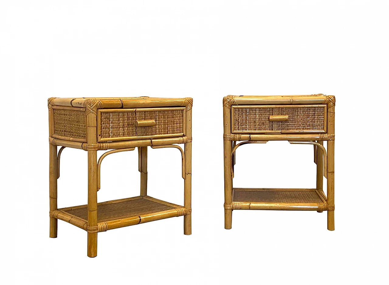Coppia di comodini in bambù e vimini, anni '70 1263789