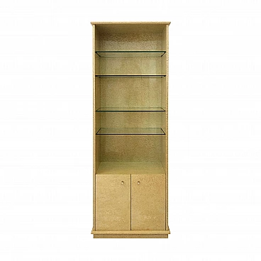 Maple veneer display cabinet with glass shelves, 80s