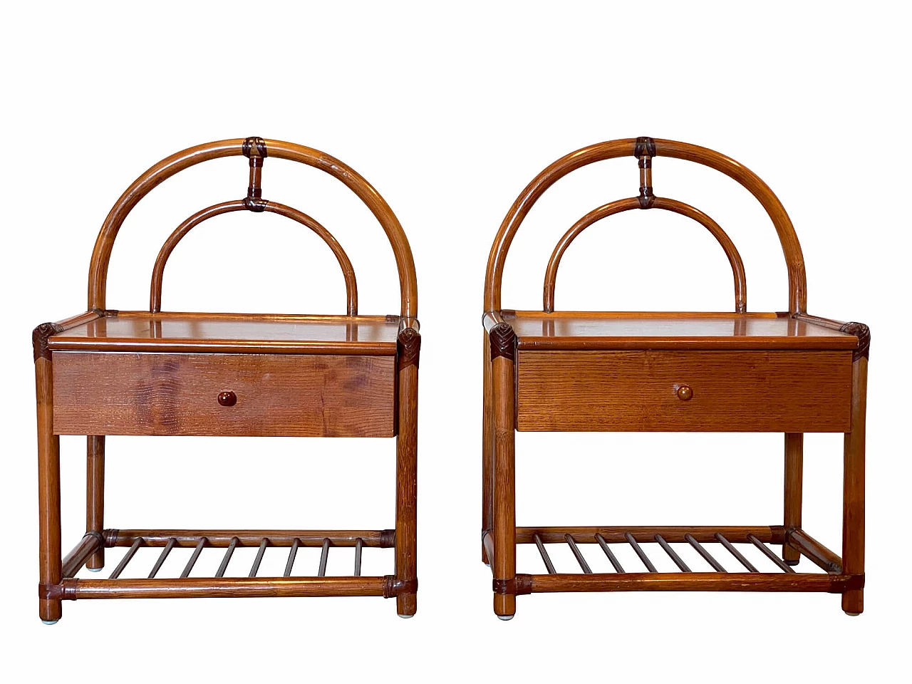 Pair of bamboo nightstands with leather detail, 70s 1264093