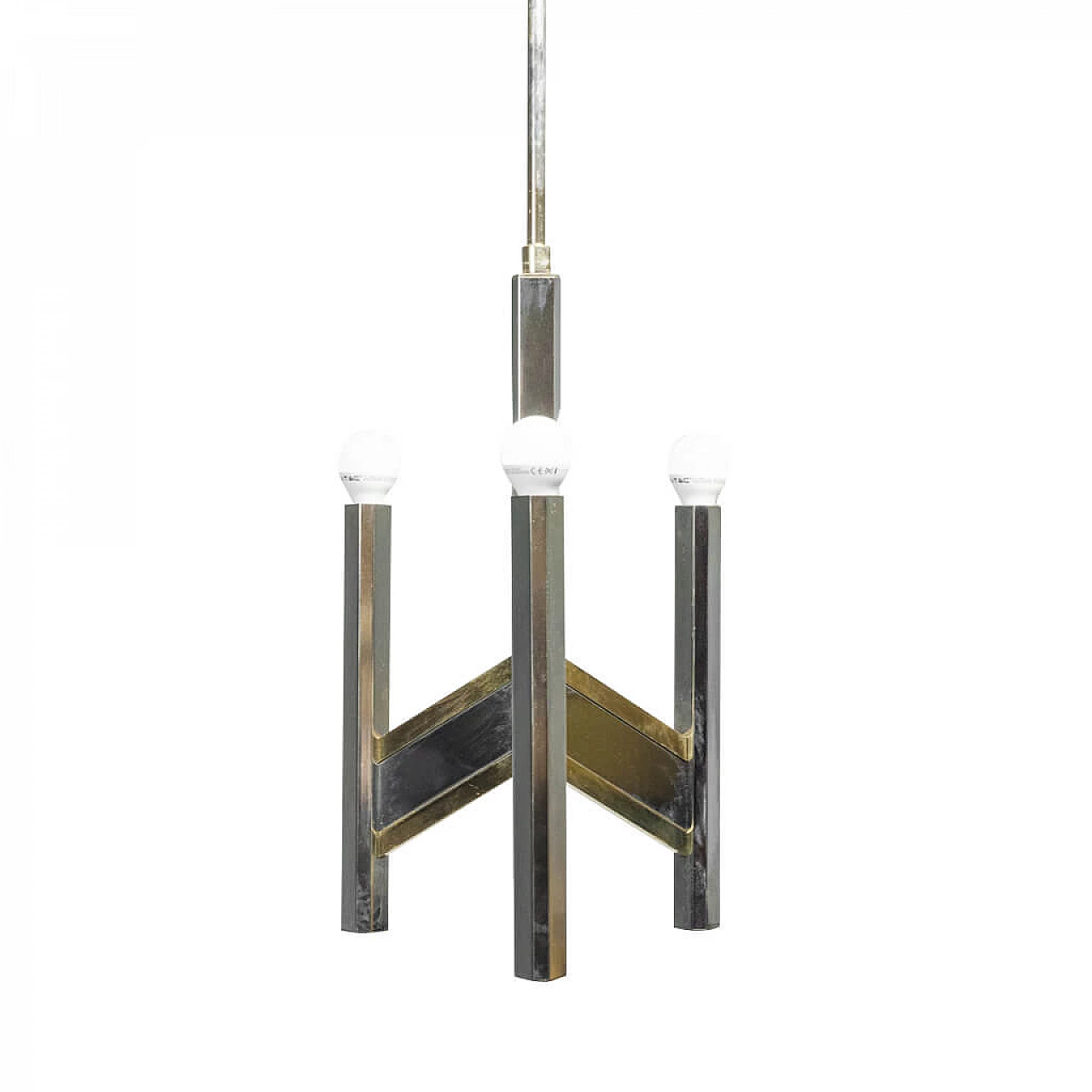 Chevron 3-light metal and brass chandelier by Sciolari, 70s 1264132