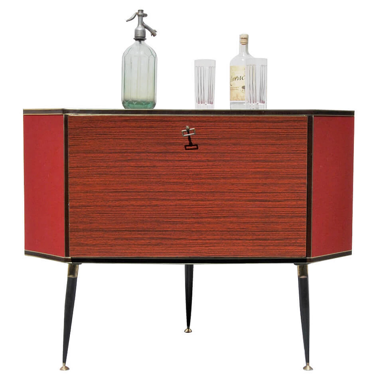 Mobile bar ad angolo in mogano e velluto rosso, anni '60 1264146