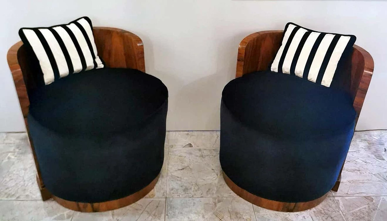 Pair of Art Deco walnut and velvet cockpit armchairs, 30s 1264396