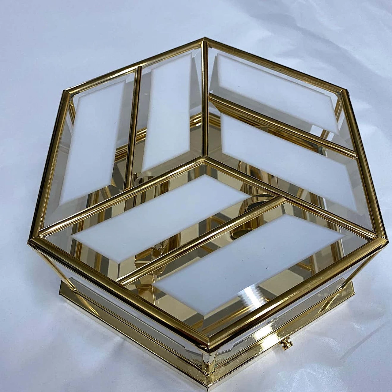 Hexagonal ceiling lamp in brass and glass, 70s 1264484