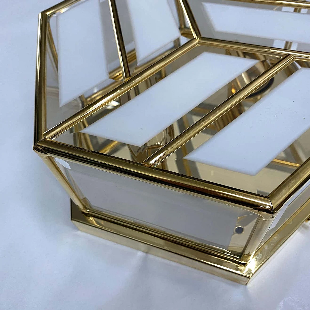 Hexagonal ceiling lamp in brass and glass, 70s 1264485