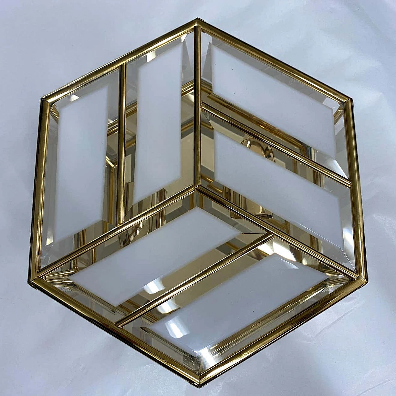 Hexagonal ceiling lamp in brass and glass, 70s 1264488