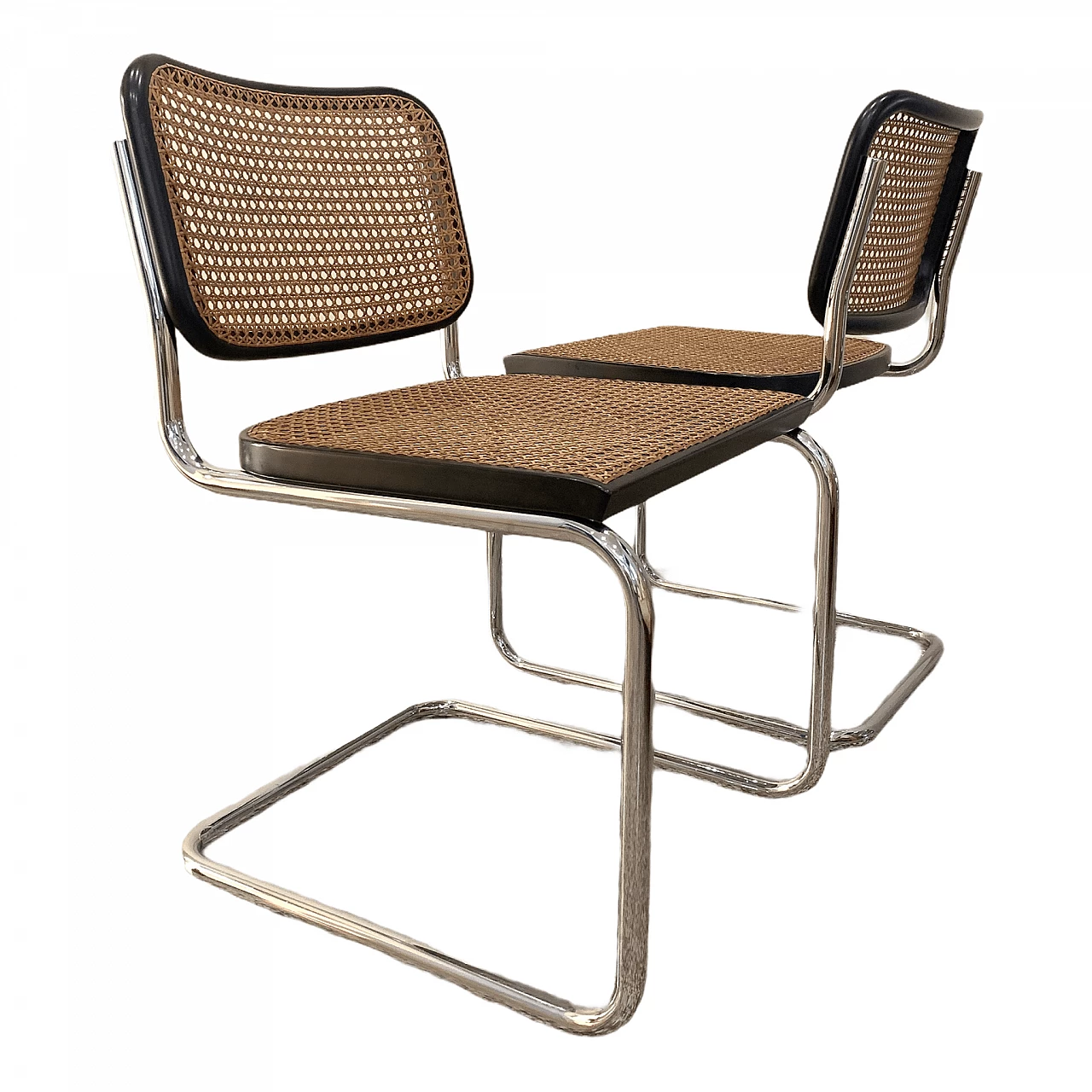 Pair of Cesca chairs in tubular steel, lacquered wood and straw by Marcel Breuer for Gavina, 60s 1264823