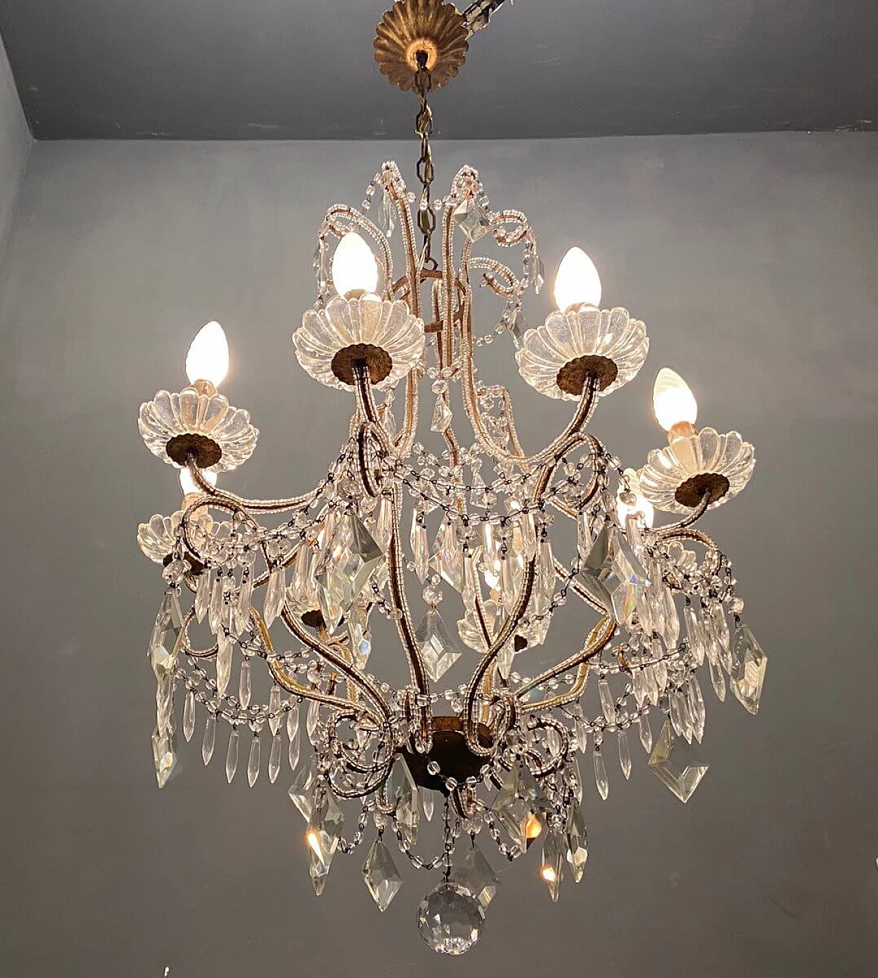 Lampadario di cristallo con perline, anni '50 1265468