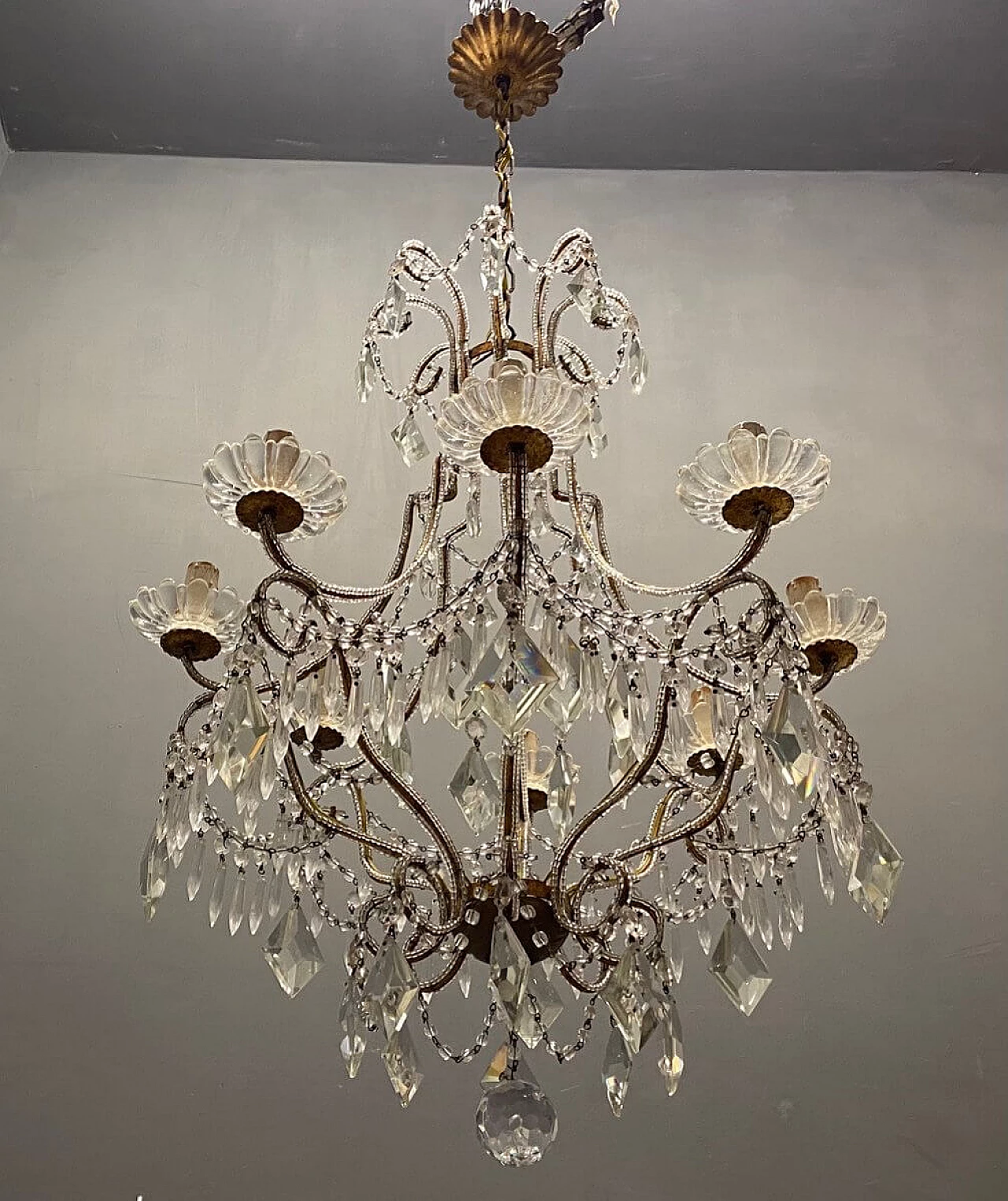 Lampadario di cristallo con perline, anni '50 1265470