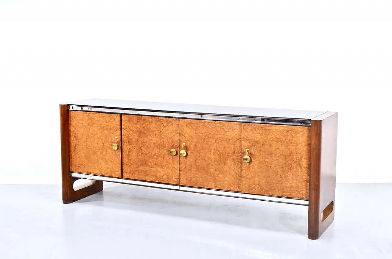 Sideboard in walnut burl, mohogany and brass with glass top by La Permanente Mobili Cantù, 50s 1265818
