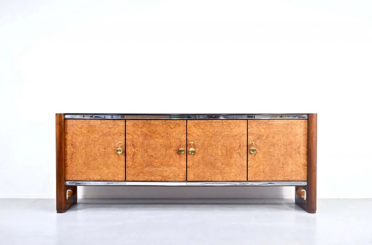 Sideboard in walnut burl, mohogany and brass with glass top by La Permanente Mobili Cantù, 50s 1265820