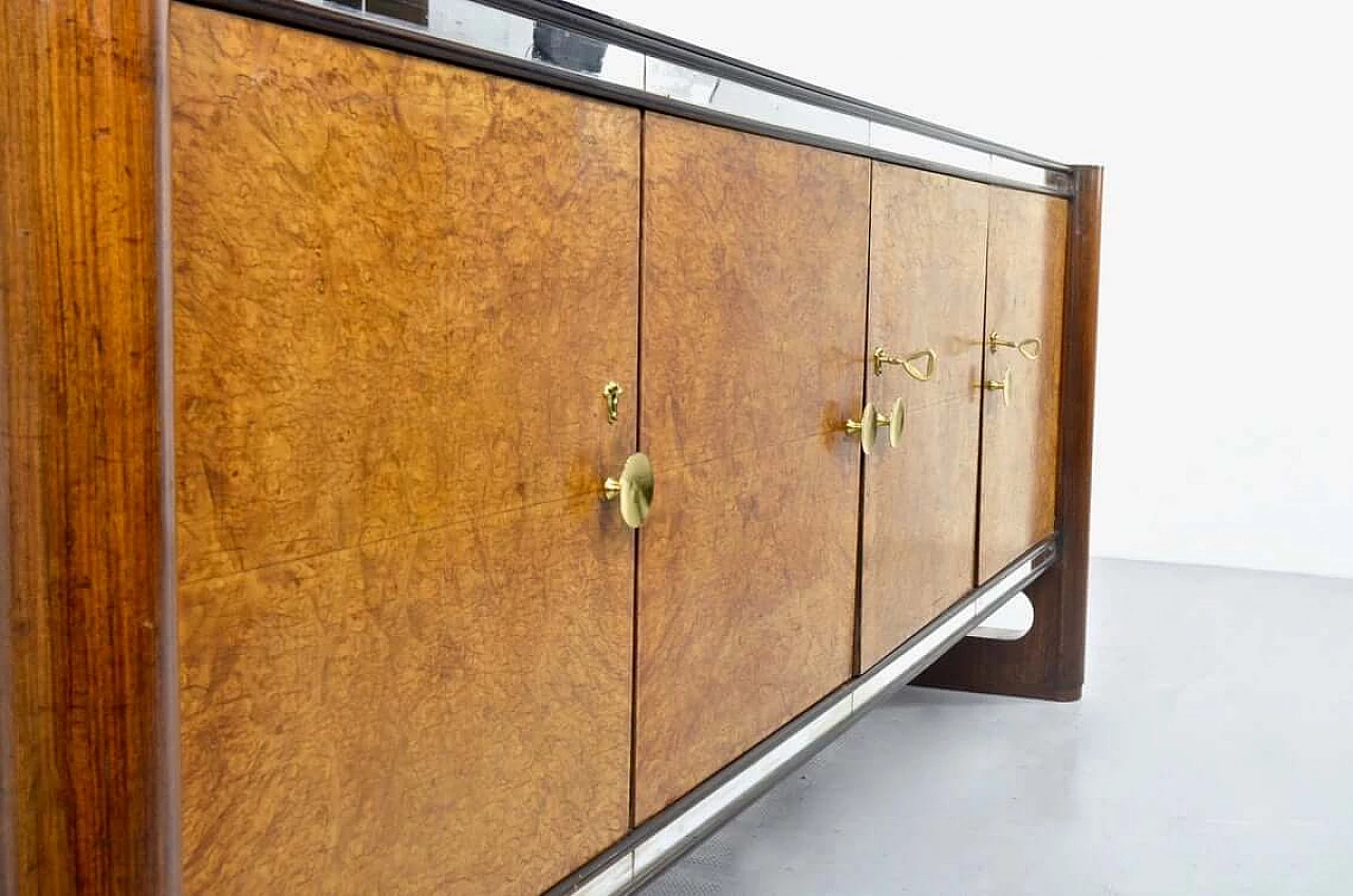 Sideboard in walnut burl, mohogany and brass with glass top by La Permanente Mobili Cantù, 50s 1265824