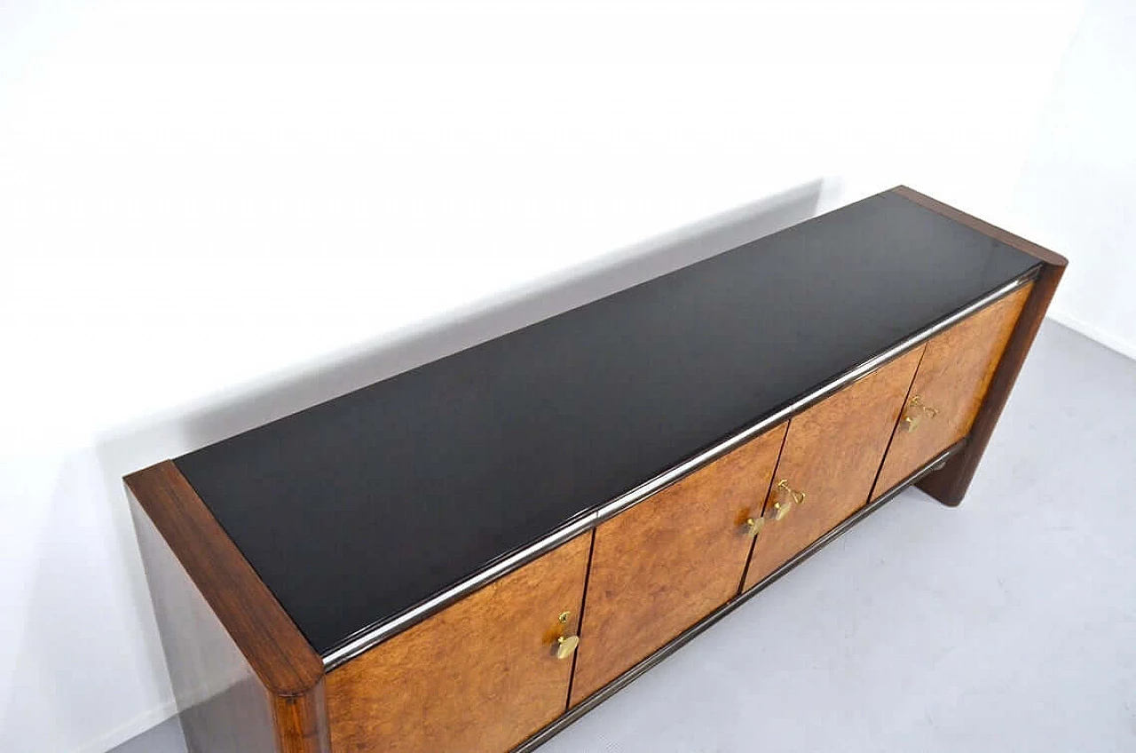 Sideboard in walnut burl, mohogany and brass with glass top by La Permanente Mobili Cantù, 50s 1265826