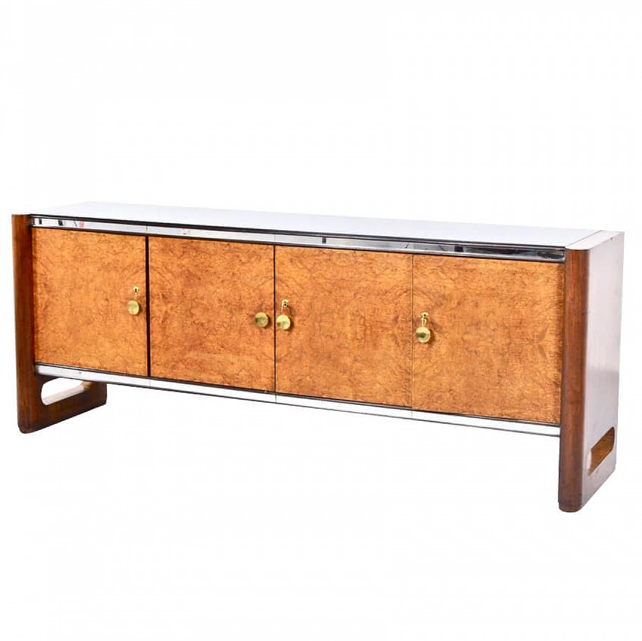 Sideboard in walnut burl, mohogany and brass with glass top by La Permanente Mobili Cantù, 50s 1266073