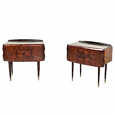 Pair of bedside tables in walnut burl and brass with lacquered glass top, 60s