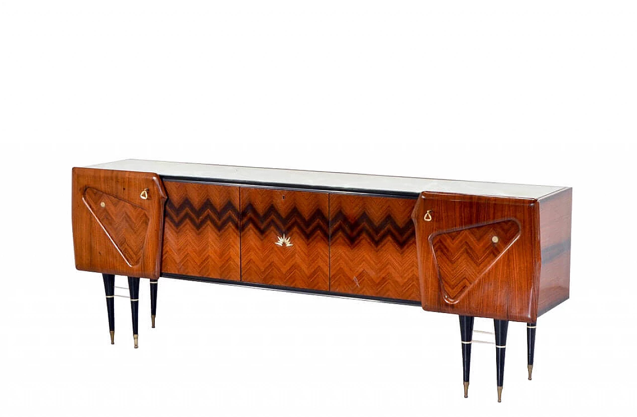 Sideboard in rosewood and brass with glass top, 60s 1266170