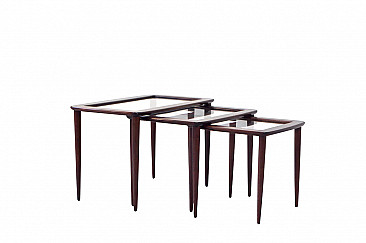 3 Nesting tables in mahogany with glass top by Ico Parisi, 50s