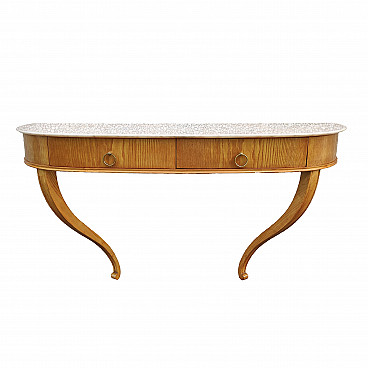 Blond wood console table with white marble top, 50s