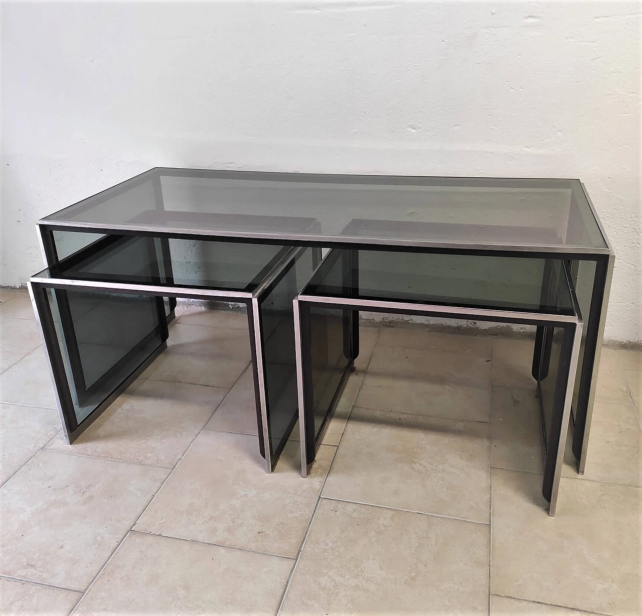 Nesting tables in glass and steel, 1970s 1266200
