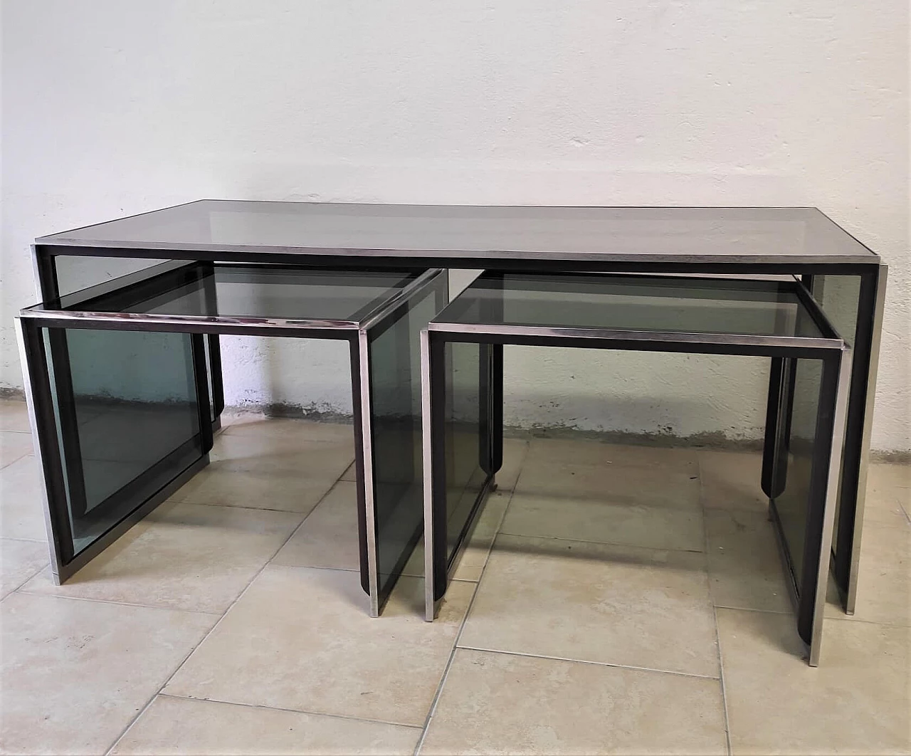 Nesting tables in glass and steel, 1970s 1266201