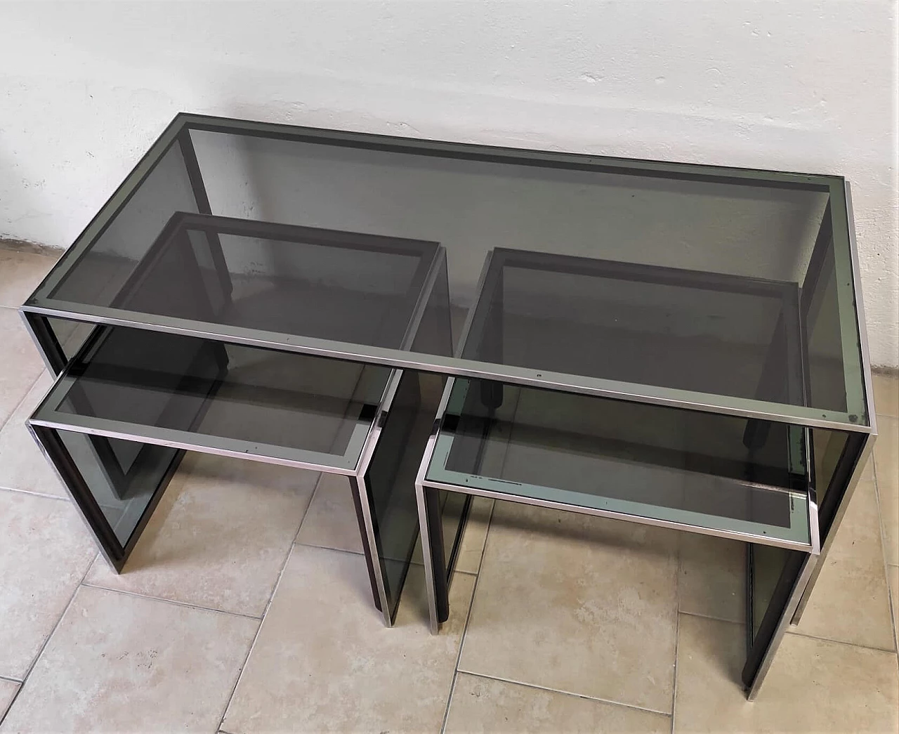 Nesting tables in glass and steel, 1970s 1266202