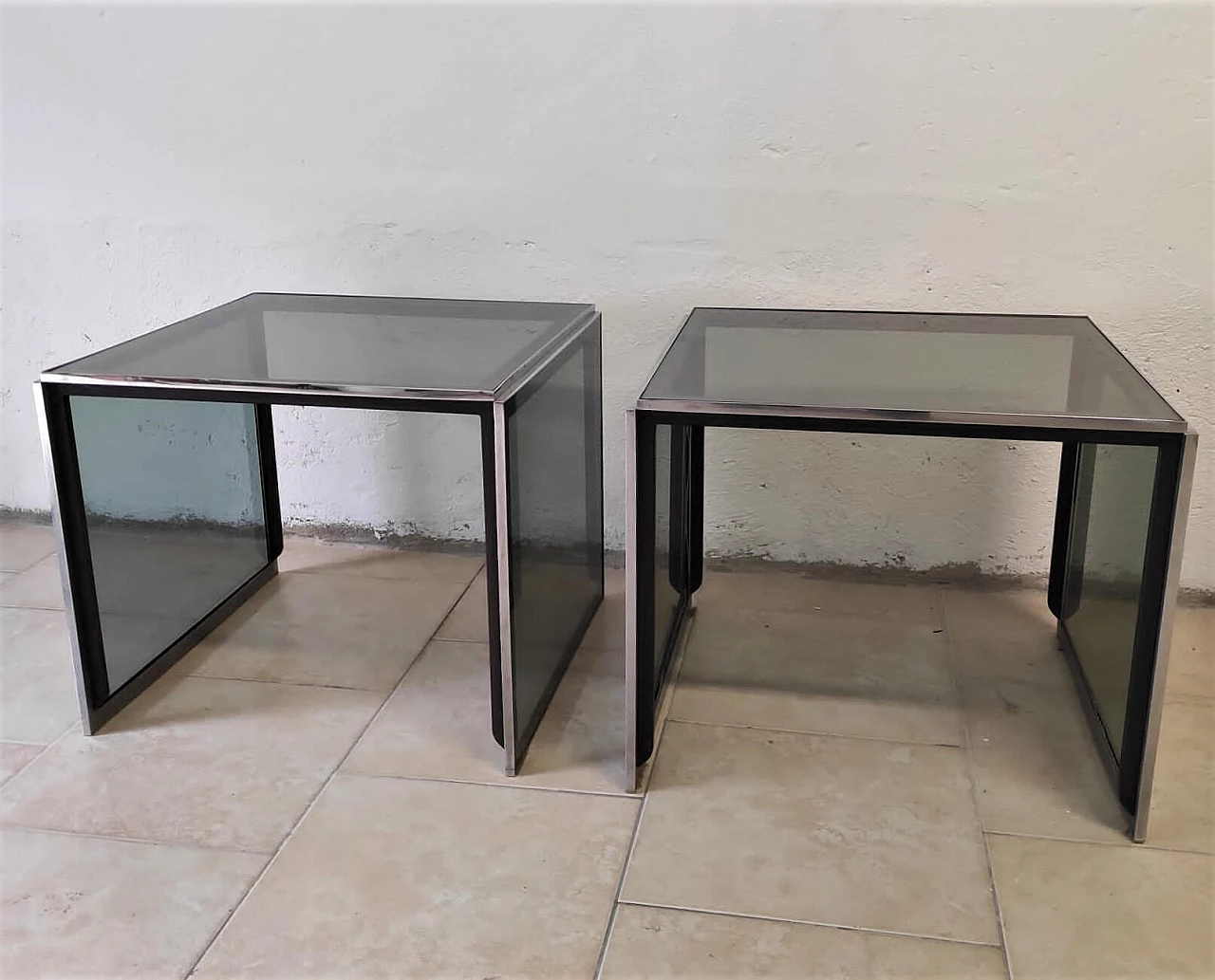 Nesting tables in glass and steel, 1970s 1266203