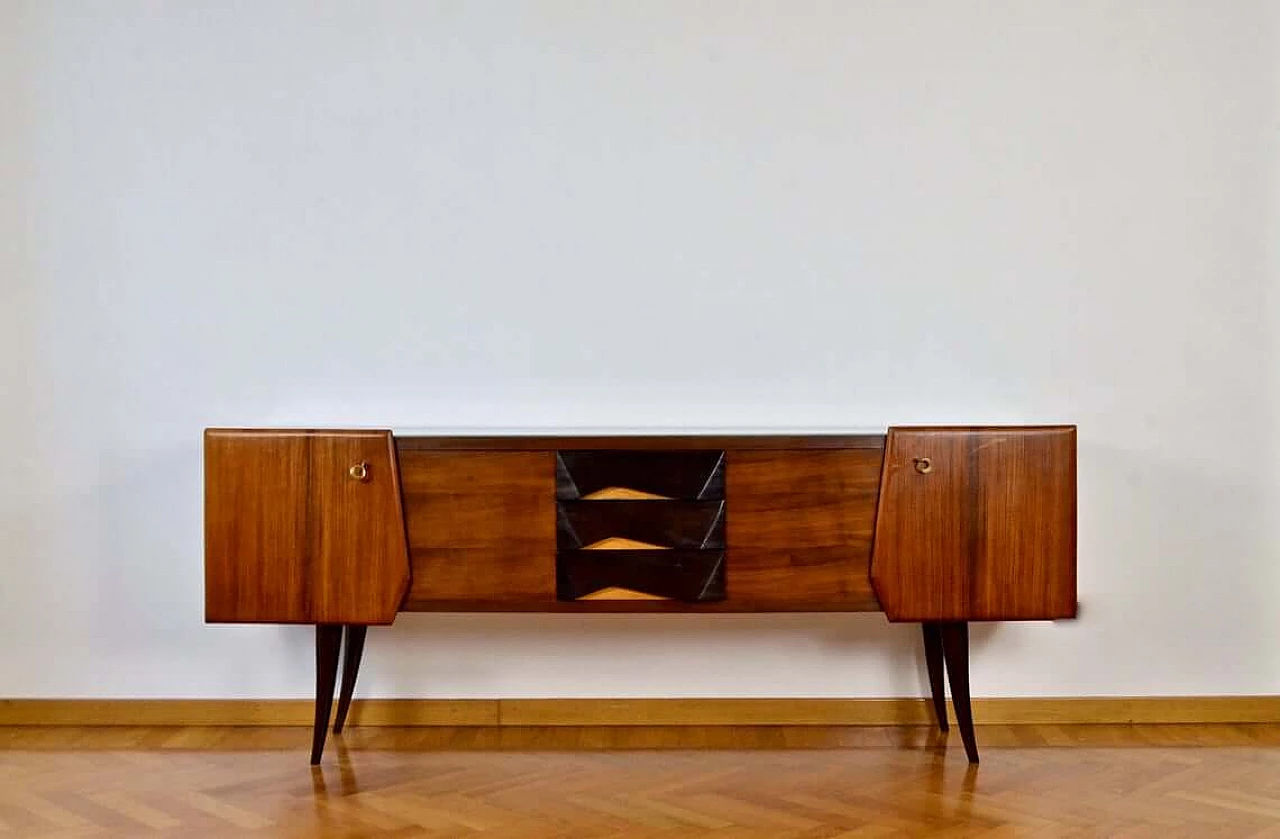 Sideboard in walnut, beech wood and brass with top in stained glass, 60s 1266601