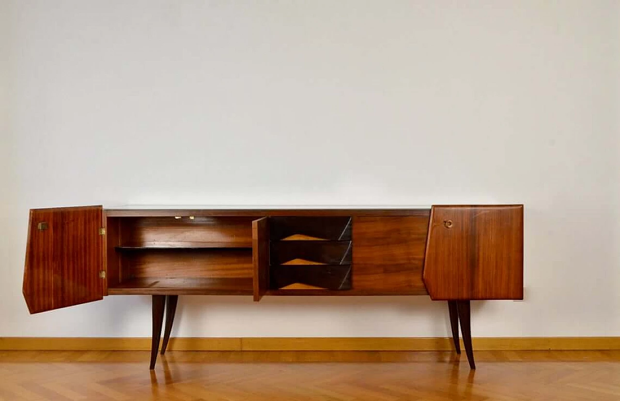 Sideboard in walnut, beech wood and brass with top in stained glass, 60s 1266602