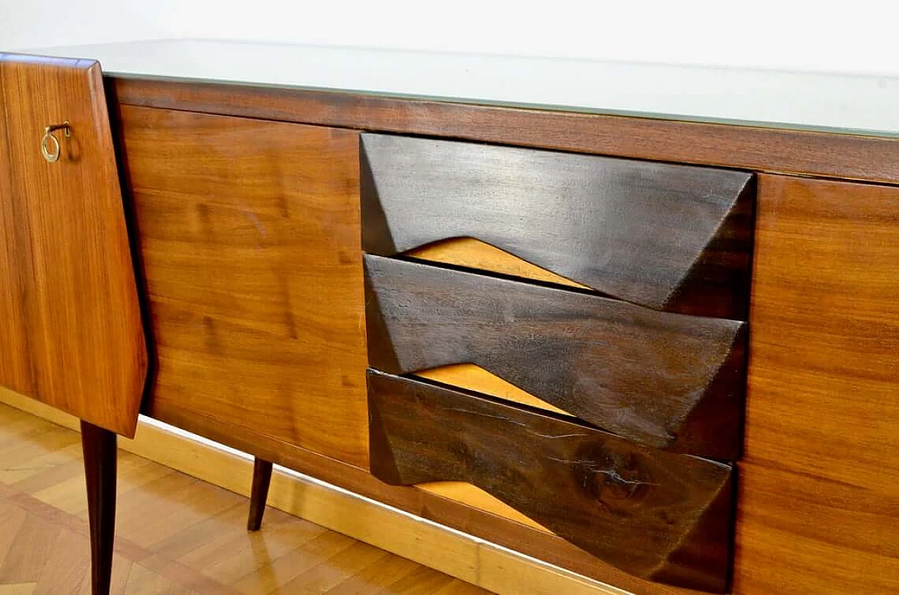 Sideboard in walnut, beech wood and brass with top in stained glass, 60s 1266605