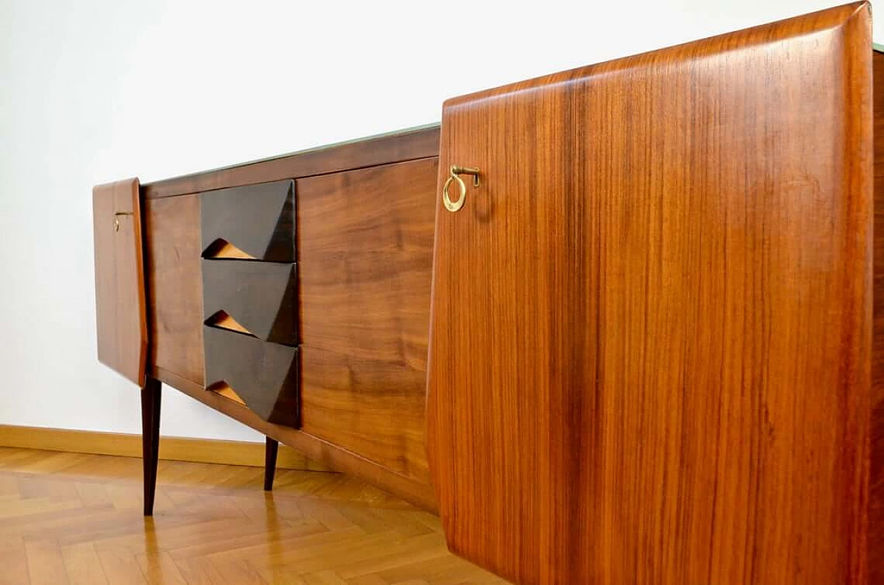Sideboard in walnut, beech wood and brass with top in stained glass, 60s 1266608