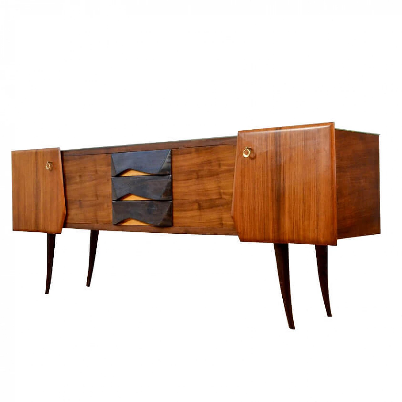 Sideboard in walnut, beech wood and brass with top in stained glass, 60s 1267231