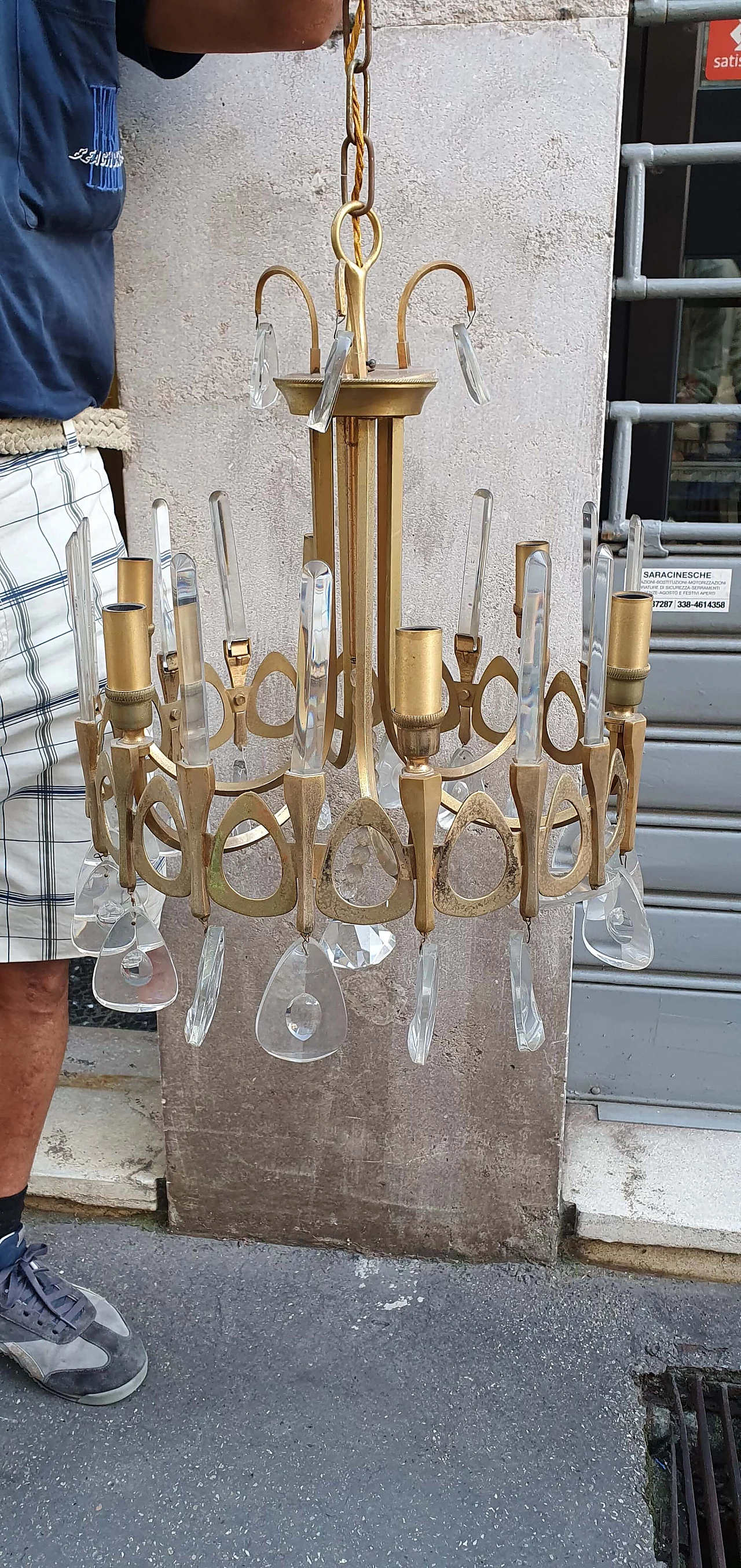 Lampadario in ottone e vetro di Sciolari, anni '70 1268248