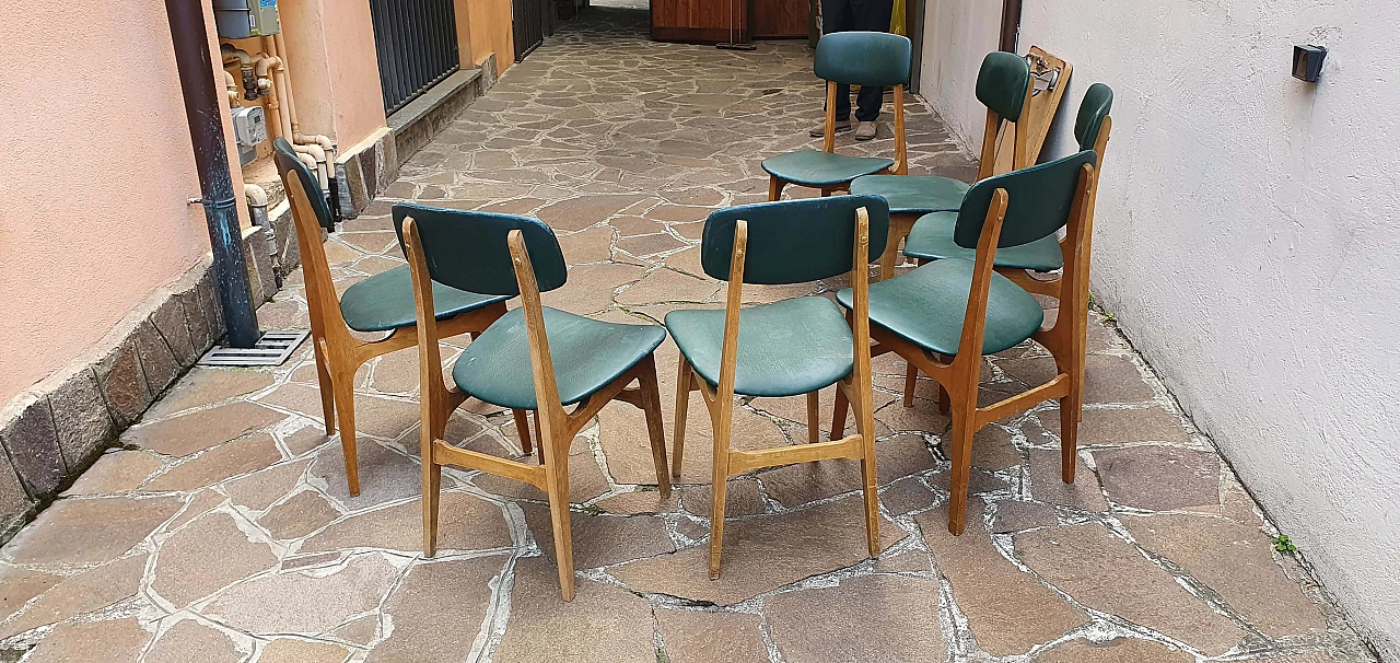 12 Sedie in legno con seduta e schienale in skai di SAM di Bergamo, anni '70 1268280