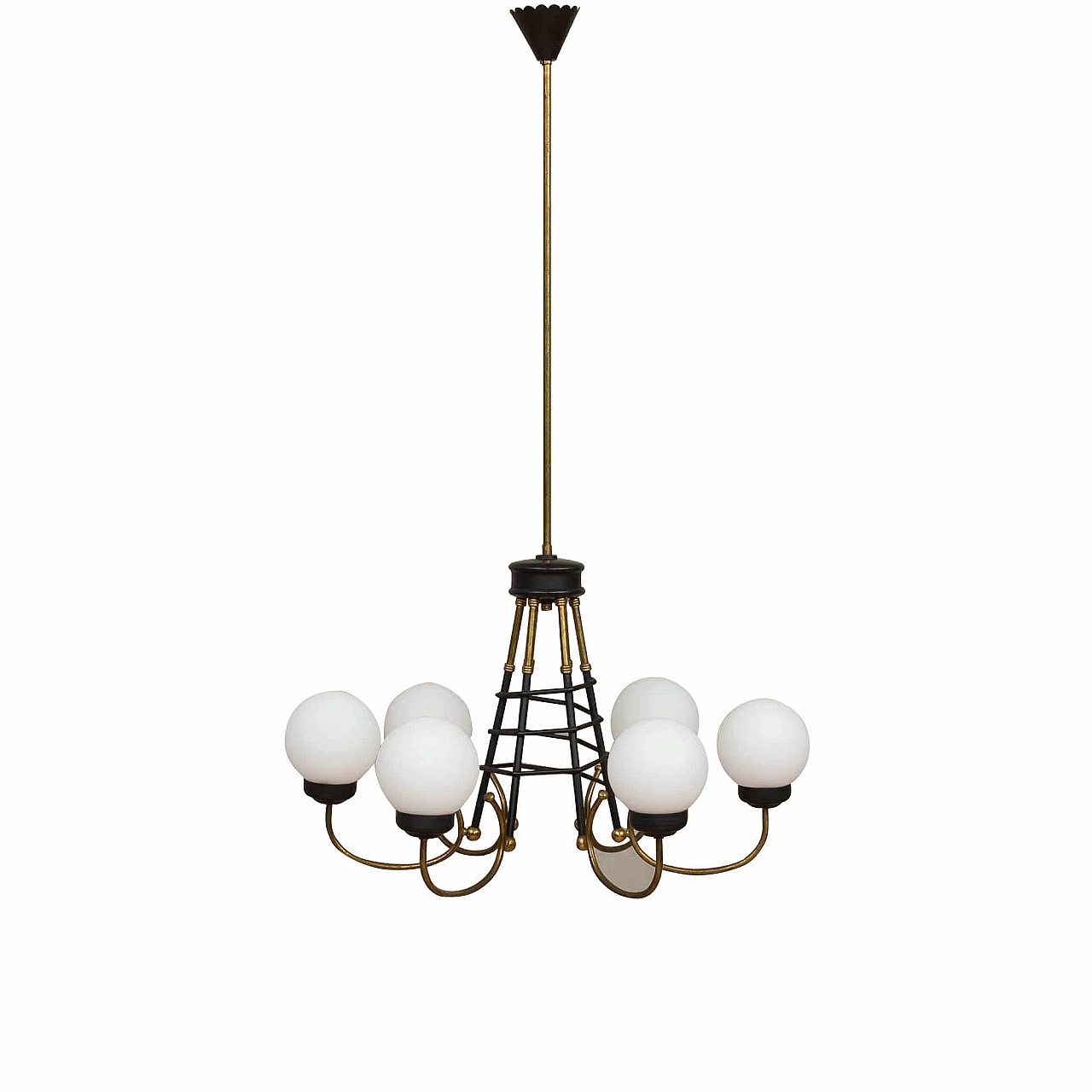 Lampadario in ottone, metallo verniciato e vetro opalino di Stilnovo, anni 60 1269240