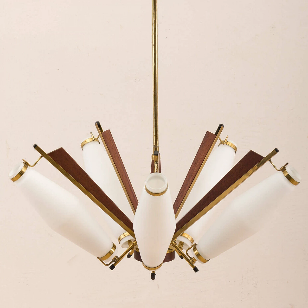 Chandelier in brass, teak and opaline glass attributable to Stilux Milano, 50s 1269387