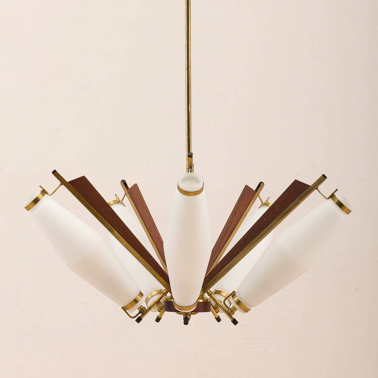 Chandelier in brass, teak and opaline glass attributable to Stilux Milano, 50s 1269388