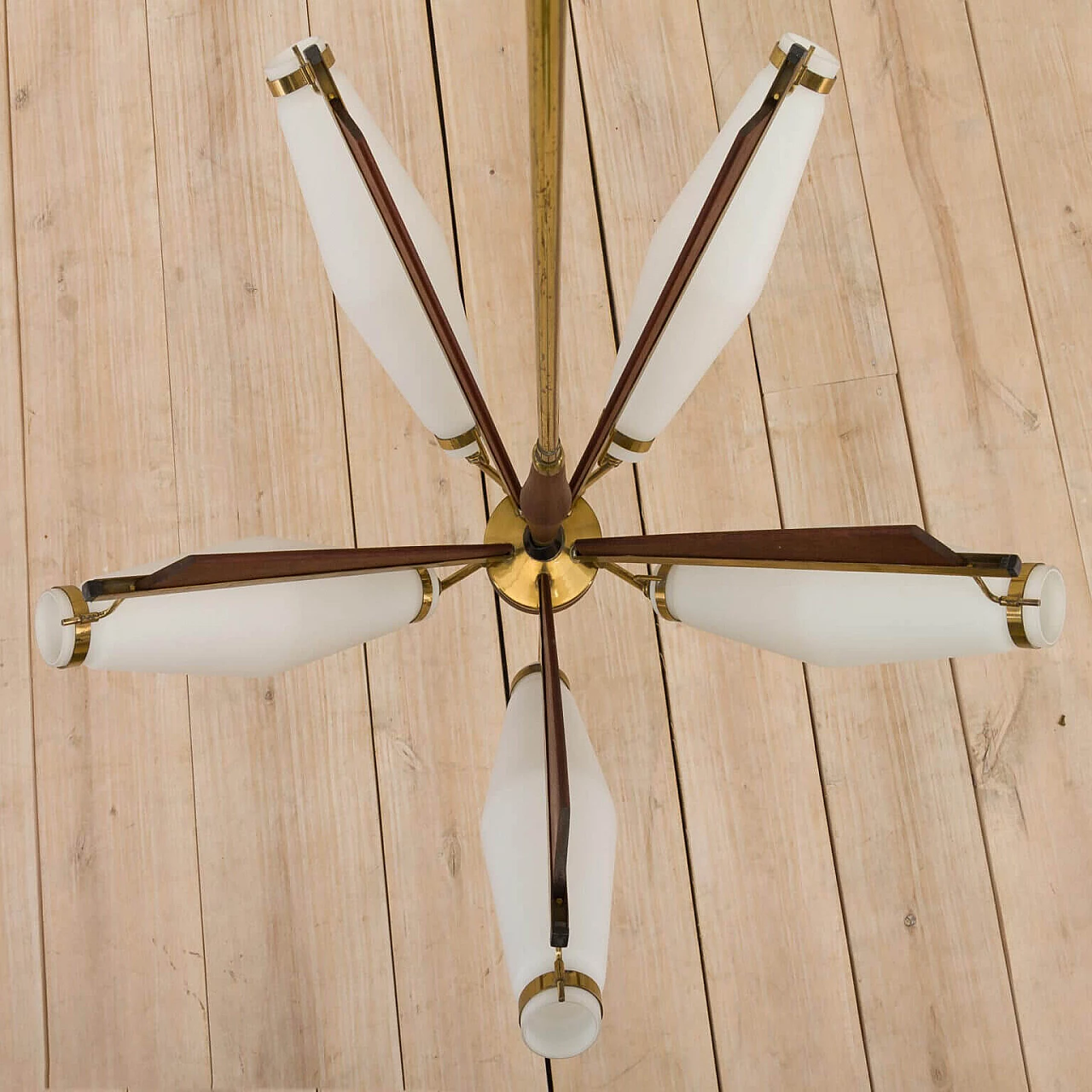 Chandelier in brass, teak and opaline glass attributable to Stilux Milano, 50s 1269390
