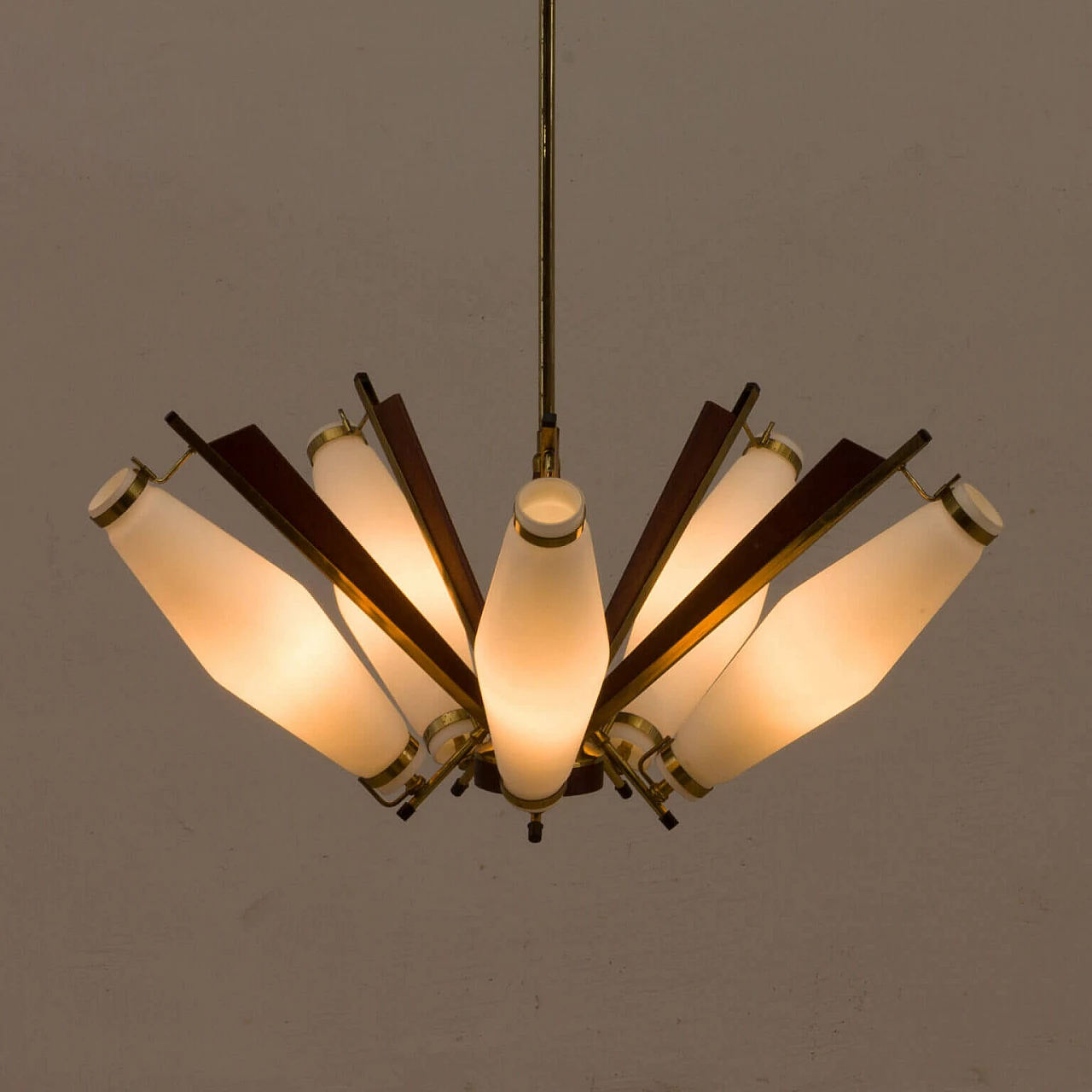 Chandelier in brass, teak and opaline glass attributable to Stilux Milano, 50s 1269391