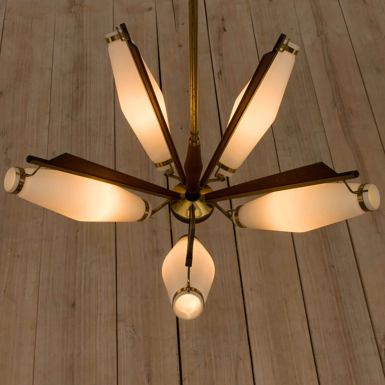 Chandelier in brass, teak and opaline glass attributable to Stilux Milano, 50s 1269393