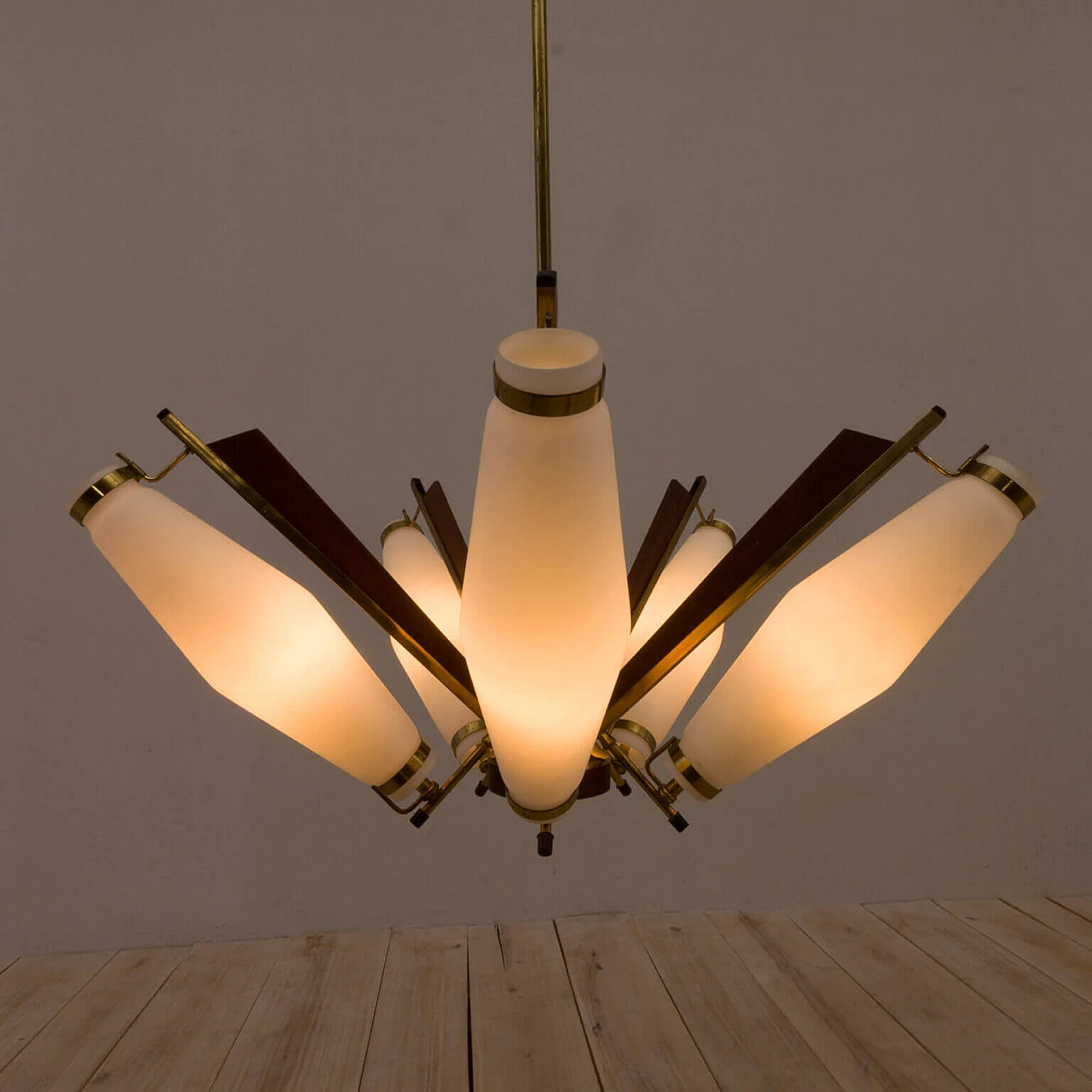 Chandelier in brass, teak and opaline glass attributable to Stilux Milano, 50s 1269394