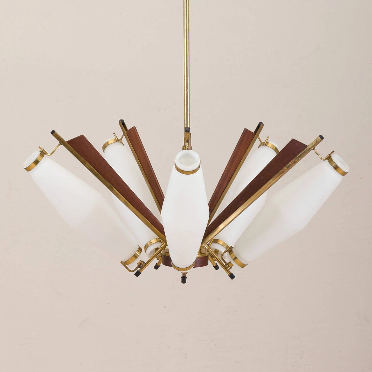 Chandelier in brass, teak and opaline glass attributable to Stilux Milano, 50s 1269395