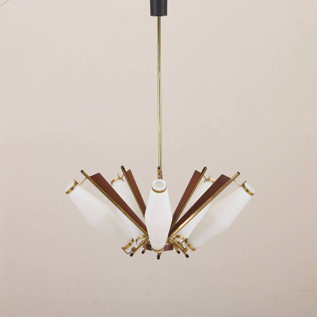 Chandelier in brass, teak and opaline glass attributable to Stilux Milano, 50s 1269397