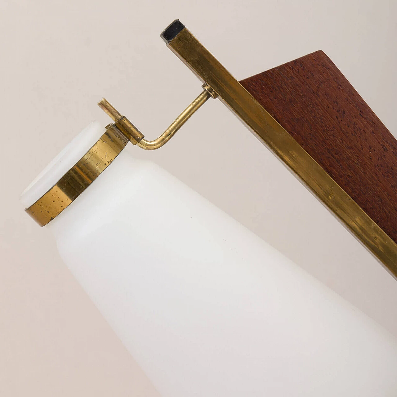 Chandelier in brass, teak and opaline glass attributable to Stilux Milano, 50s 1269399