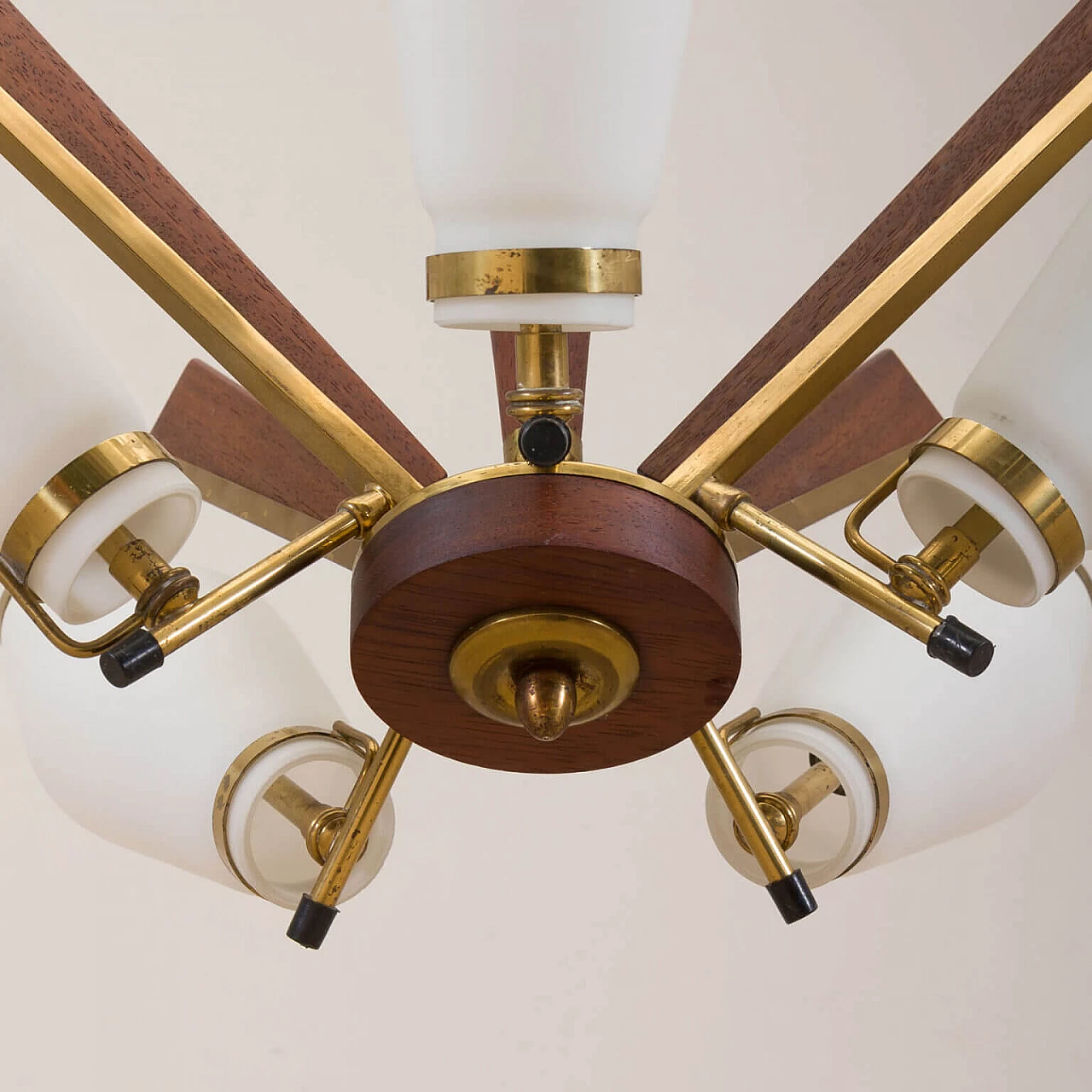Chandelier in brass, teak and opaline glass attributable to Stilux Milano, 50s 1269400