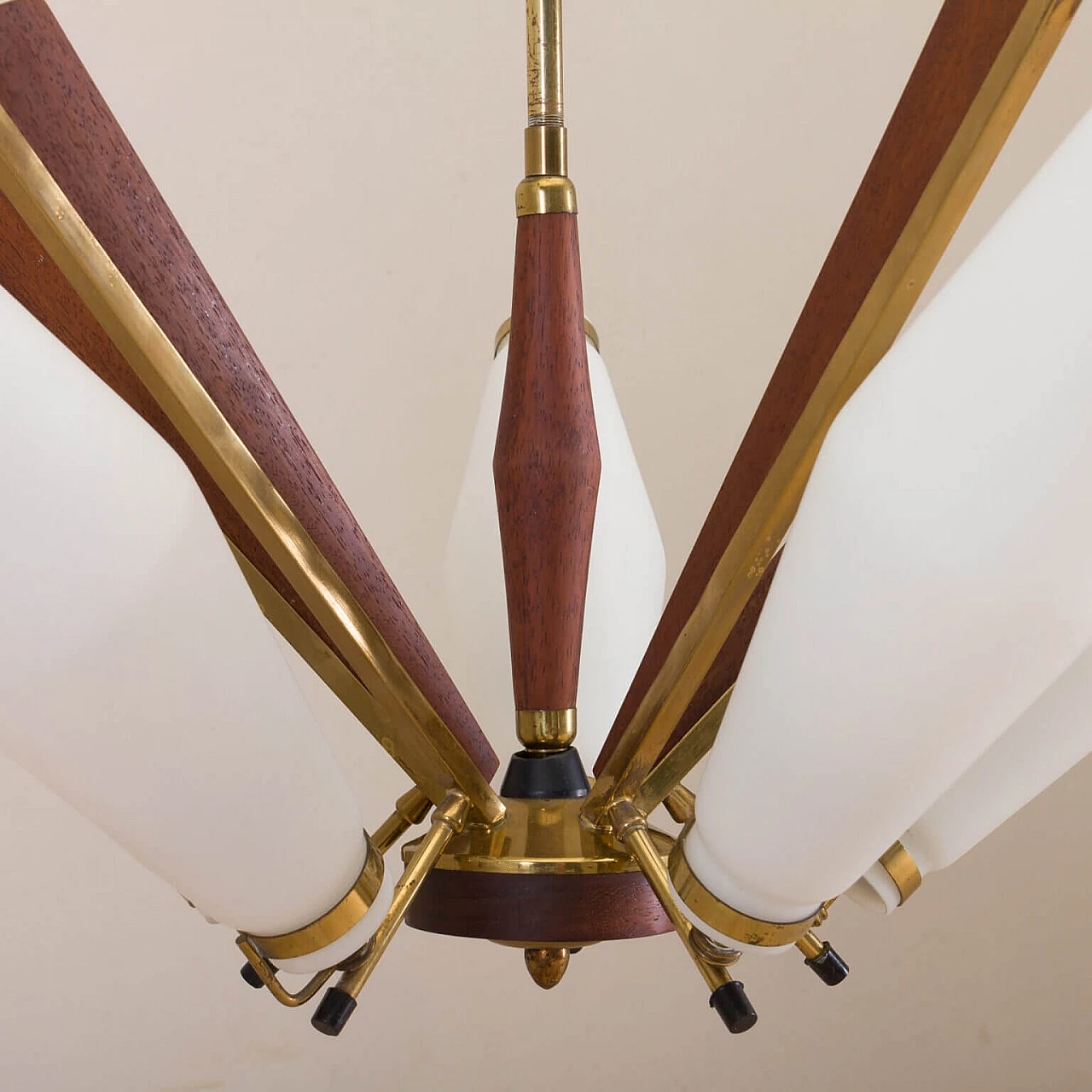 Chandelier in brass, teak and opaline glass attributable to Stilux Milano, 50s 1269401