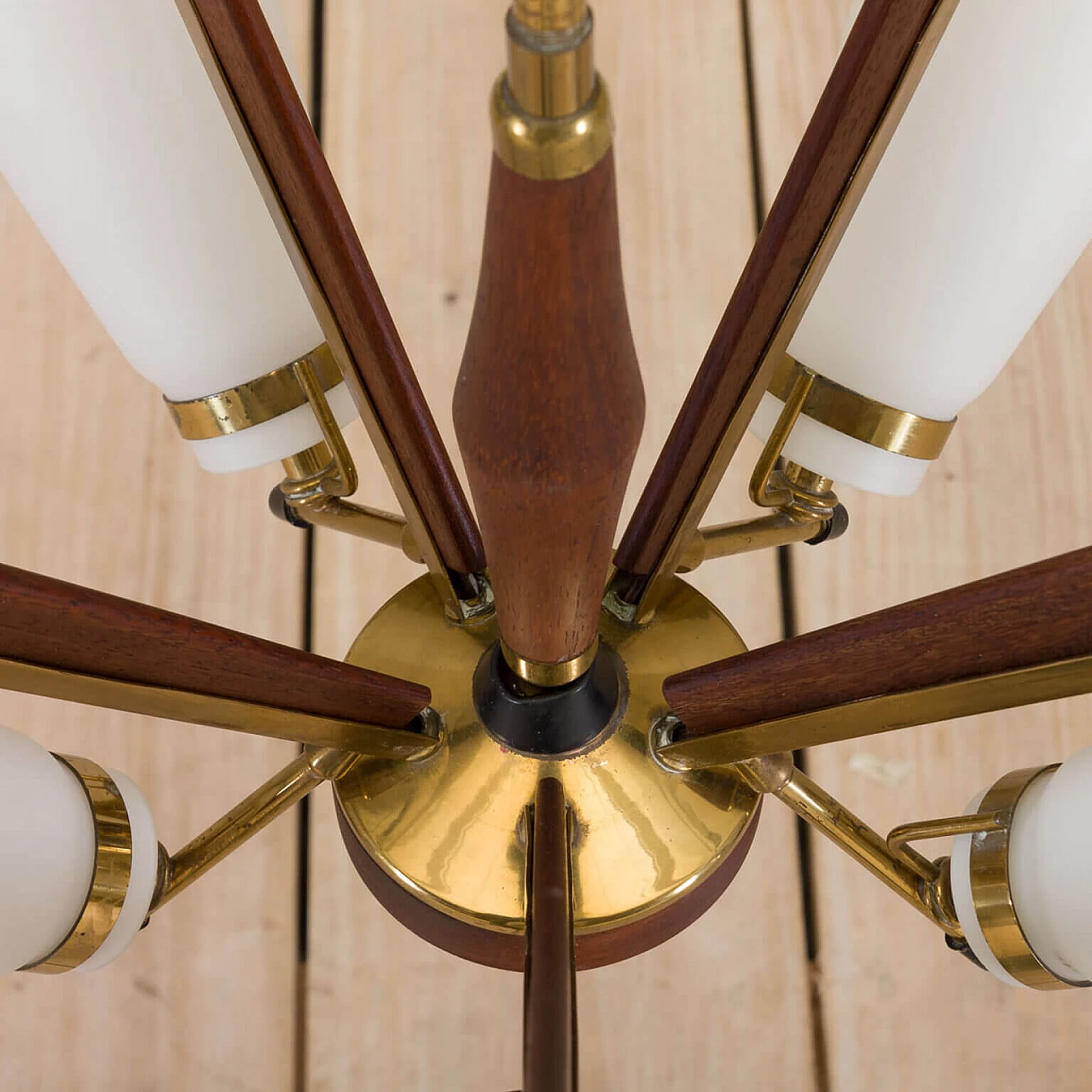 Chandelier in brass, teak and opaline glass attributable to Stilux Milano, 50s 1269402