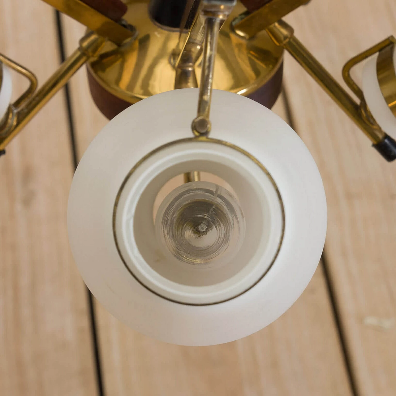 Chandelier in brass, teak and opaline glass attributable to Stilux Milano, 50s 1269403