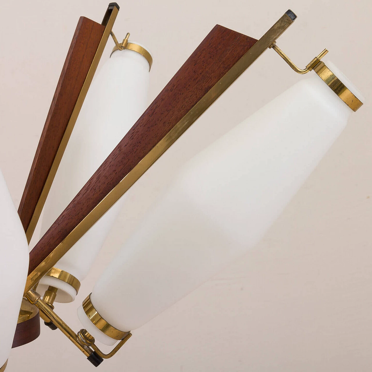 Chandelier in brass, teak and opaline glass attributable to Stilux Milano, 50s 1269405